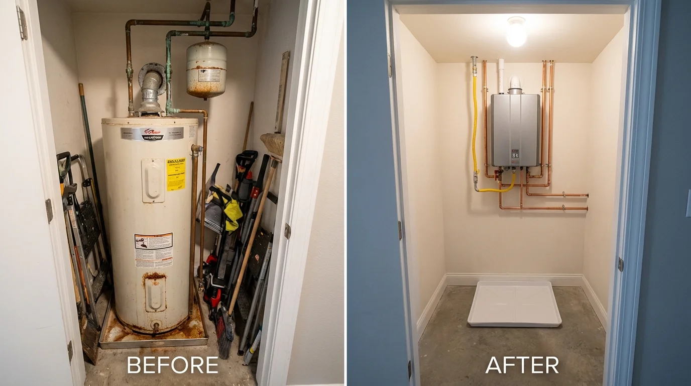 Tank water heater versus wall-mounted tankless unit comparison for Auburn, KS homeowners