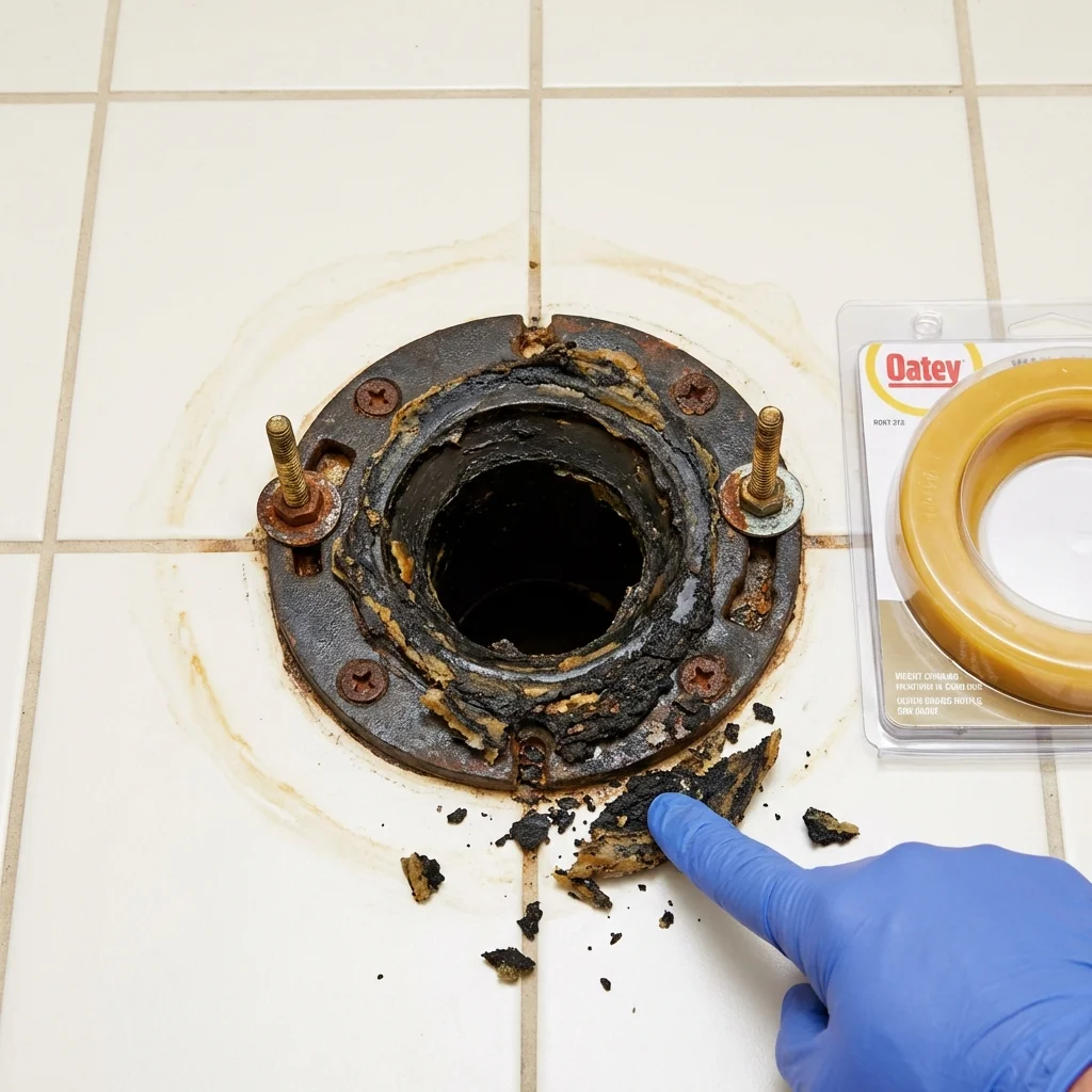 Failed wax ring showing water seepage at the base of a toilet in a Auburn, KS home