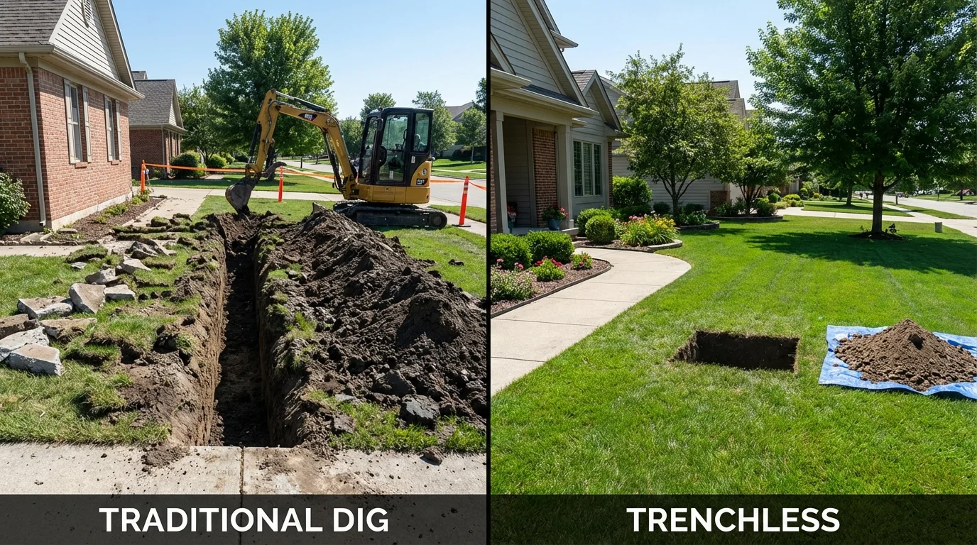 Trenchless sewer repair with minimal yard damage versus traditional excavation in Auburn, KS
