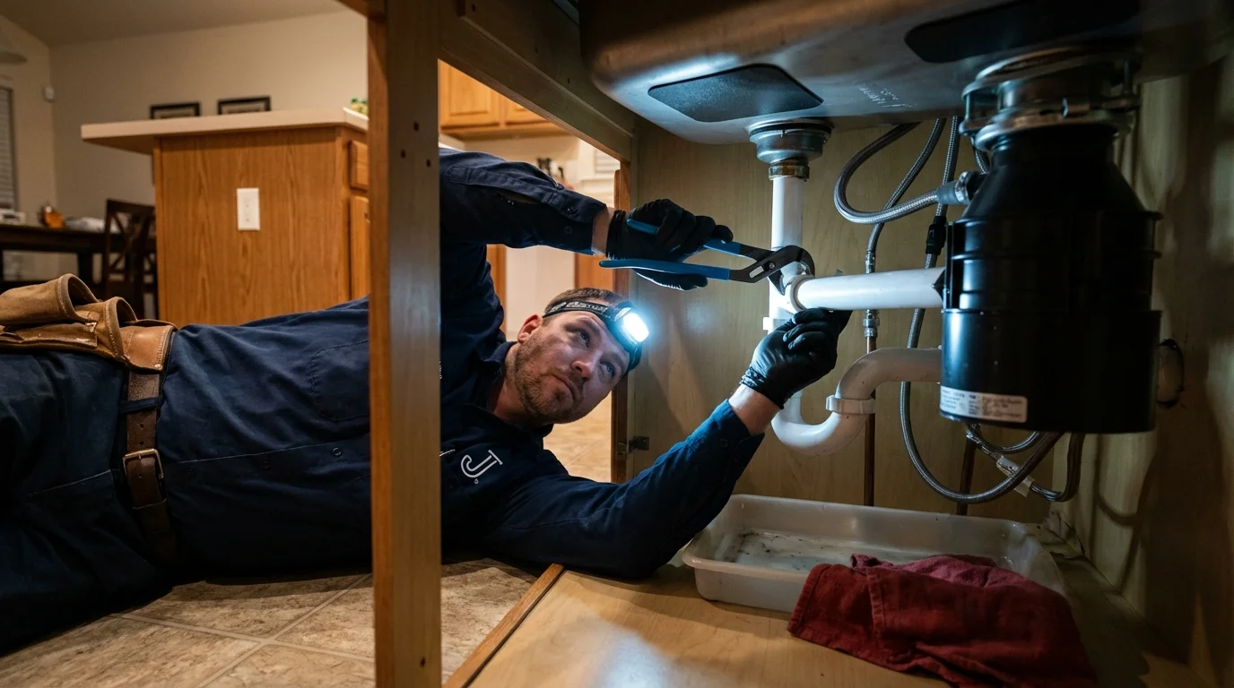 P-trap and supply line connections under a kitchen sink showing a common leak point in Auburn, KS